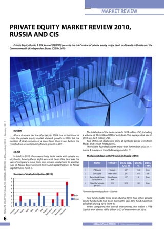 MARKET REVIEW

                                                                             PRIVATE EQUITY MARKET REVIEW 2010,
                                                                             RUSSIA AND CIS
                                                                               Private Equity Russia & CIS Journal (PERCIS) presents the brief review of private equity major deals and trends in Russia and the
                                                                             Commonwealth of Independent States (CIS) in 2010
PRIVATE EQUITY RUSSIA&CIS JOURNAL (PERCIS) #4 December 2010 | January 2011




                                                                                    RUSSIA
                                                                                                                                                           The total value of the deals exceeds 1,628 million USD, including
                                                                                  After a dramatic decline of activity in 2009, due to the financial   a volume of 384 million USD of exit deals. The average deal size in
                                                                             crisis, the private equity market showed growth in 2010. Yet the          2010 was 62.6 million USD.
                                                                             number of deals remains at a lower level than it was before the               Two of the exit deals were done at symbolic prices (exits from
                                                                             crisis but we are anticipating future growth in 2011.                     Modis and Tinkoff Restaurants).
                                                                                                                                                           There were four deals worth more than 100 million USD: in Fi-
                                                                                                                                                       nance & Insurance, Food & Beverage and in IT.
                                                                                    DEALS
                                                                                 In total, in 2010, there were thirty deals made with private eq-             The largest deals with PE funds in Russia (2010)
                                                                             uity funds. Among them, eight were exit deals. One deal was the
                                                                             sale of company’s stake from one private equity fund to another                            FUND                  TARGET            DEAL SIZE,     STAKE,    DEAL
                                                                             (sale of Alawar Entertainment by Finam Capital Partners to Almaz                                                                    USD M           %       TYPE
                                                                             Capital Russia Fund I).
                                                                                                                                                          1            VTB Capital              Rosbank             425*         19,28   Enter

                                                                                    Number of deals distribution (2010)                                   2            Lion Capital           Nidan Juices          276          75+1     Exit
                                                                                                                                                          3       Baring Vostok Private      Orient Express         197*          30     Enter
                                                                               8
                                                                                                                                                                     Equity Fund IV              Bank
                                                                               7
                                                                                                                                                          4       Digital Sky Technolo-            ICQ             187,5          100    Enter
                                                                               6                                                                                        gies (DST)
                                                                               5
                                                                               4                                                                       * Estimations (by Private Equity Russia & CIS Journal)
                                                                               3                                                              Exits
                                                                                                                                              Enters       Two funds made three deals during 2010, four other private
                                                                               2
                                                                                                                                                       equity funds made two deals during the year. One fund made two
                                                                               1
                                                                                                                                                       exit deals during 2010 (Mint II).
                                                                               0                                                                           When comparing the overall investments, the leader is VTB
                                                                                                                                                       Capital with almost half a billion USD of investments in 2010.
                                                                                                              Oc e r




                                                                                                                       r
                                                                                                            De ber
                                                                                                              pt st
                                                                                                       ne




                                                                                                            No be r
                                                                                                                     ly
                                                                               Fe ry




                                                                                       ril
                                                                                       ry




                                                                                                                    be
                                                                                       ay
                                                                                      ch




                                                                                                                  gu

                                                                                                                    b
                                                                                                            Ju
                                                                                     a




                                                                                   Ap
                                                                                    ua




                                                                                                      Ju
                                                                                    M




                                                                                                                 em
                                                                                    ar




                                                                                                                  m

                                                                                                                  m
                                                                               nu




                                                                                                                 to
                                                                                                                Au
                                                                                 M
                                                                                 br




                                                                                                               ce
                                                                                                               ve
                                                                             Ja




                                                                                                            Se




      6
                                                                                                                                                                       AllEquityFunds PERCIS                    http://www.percis.ru/
 