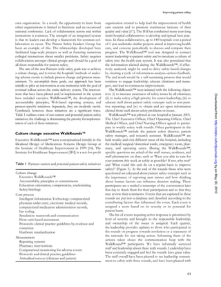 Improving patient safety


own organization. As a result, the opportunity to learn from             organization created to help lead the improvement of health
other organizations is limited to literature and an occasional           care systems and to promote continuous increase of their
national conference. Lack of collaboration across and within             quality and value [17]. The IHI has conducted many year-long
institutions is common. The strength of an integrated system             multi-hospital collaboratives to develop and spread best prac-
is that its leaders can develop a framework for constant col-            tices. In these collaboratives, up to 140 hospitals over a period
laboration to occur. The Patient Safety Leaders Group has                of 1 year undertake similar projects aimed at improving health
been an example of this. The relationships developed have                care, and convene periodically to discuss and compare their
facilitated large-scale projects as well as fostering numerous           progress. The WalkRound™ tool was designed to connect
collegial interactions about smaller problems. Safety requires           senior leadership to patient safety and to inculcate a culture of
collaboration amongst clinical groups and should be a goal of            safety into the health care system. It was also postulated that
all those responsible for patient safety.                                the information elicited during the WalkRounds™, if effec-
    The aim of the new Partners-wide safety goals was to achieve         tively analyzed, might be used to drive safety-based changes
a culture change, and to revise the hospitals’ methods of analyz-        by creating a cycle of information–analysis–action–feedback.
ing adverse events to include process change and process meas-           The end result would be a self-sustaining process that would
urement. To accomplish these goals, our approach has been                continue to engage leadership, educate clinicians and mana-
initially to pilot an intervention at one institution with the goal of   gers, and lead to continuous improvement.
eventual rollout across the entire delivery system. The interven-            The WalkRounds™ were initiated with the following object-
tions that have been piloted and/or implemented in the system            ives: (i) to increase awareness of safety issues by all clinicians;




                                                                                                                                                 Downloaded from http://intqhc.oxfordjournals.org by on May 30, 2010
have included executive WalkRounds™, the development of                  (ii) to make safety a high priority for senior leadership; (iii) to
accountability principles, Web-based reporting systems, and              educate staff about patient safety concepts such as non-puni-
process-speciWc initiatives. Separately, they are modestly useful.       tive reporting; and (iv) to obtain and act upon information
Combined, however, these initiatives are a signiWcant force.             elicited from staff about safety problems or issues.
Table 1 outlines some of our current and potential patient safety            WalkRounds™ was piloted at one hospital in January 2001.
initiatives; the challenge is determining the priority for implemen-     The Chief Executive OfWcer, Chief Operating OfWcer, Chief
tation of each of these initiatives.                                     Medical OfWcer, and Chief Nursing OfWcer agreed to partici-
                                                                         pate in weekly safety walk rounds. Other participants in the
                                                                         WalkRounds™ include the patient safety director, patient
Culture change: executive WalkRounds™
                                                                         safety manager, and research assistant. WalkRounds™ are
Executive WalkRounds™ were conceptualized initially in the               held weekly and visit different areas of the hospital, including
Idealized Design of Medications Systems Design Group at                  the medical/surgical/obstetrical wards, emergency room, phar-
the Institute of Healthcare Improvement in 1999 [16]. The                macy, and operating suites. During the WalkRounds™,
Institute for Healthcare Improvement (IHI) is a not-for-proWt            speciWc questions are asked of the staff nurses, residents, and
                                                                         staff pharmacists on duty, such as ‘Were you able to care for
                                                                         your patients this week as safely as possible? If not, why not?’
Table 1 Partners current and potential patient safety initiatives        and ‘What could this unit do on a regular basis to improve
                                                                         safety?’ (Figure 1). At the end of the rounds those who were
Culture change                                                           questioned are educated about patient safety concepts such as
  Executive WalkRounds™                                                  the importance of reporting near misses and how thinking
  Accountability principles or commitments                               about human factors can inXuence decision making. These
  Education: orientation, competencies, credentialing                    participants are e-mailed a transcript of the conversation later
  Safety brieWngs                                                        that day to thank them for their participation and so that they
Core process                                                             may review their comments. Events that are captured in these
  Intelligent Information Technology: computerized                       rounds are put into a database and classiWed according to the
  physician order entry, electronic medical records,                     contributing factors that inXuenced the event. Each event is
  computerized medication administration records,                        assigned a score based on its severity or its potential for
  bar-coding                                                             patient harm.
  Simulation: teamwork and communication                                     The list of events requiring active response is prioritized by
  Flow: unit-based assessment                                            level of severity and brought to the responsible leadership,
  Protocols: clinical practice guidelines by evidence and                and ownership of the issues is assigned. Each quarter,
  consensus                                                              the leadership provides updates to those who participated in
  Hardware standardization                                               the rounds on progress towards resolution or a statement of
                                                                         the rationale for not taking action. Informing them of the
Measurement
                                                                         actions taken closes the communication loop with the
  Reporting systems
  Pharmacy interventions                                                 WalkRound™ participants. We have informally surveyed
  Computerized monitoring for adverse events                             staff and leadership about these walk rounds. Leadership have
                                                                         been extremely engaged and feel the rounds have great value.
  Protocols and clinical practice guidelines
                                                                         The staff overall have been pleased to see leadership commit-
  Attitudinal surveys (clinician and patient)
                                                                         ment to safety with these rounds, and have been pleased with


                                                                                                                                          i33
 