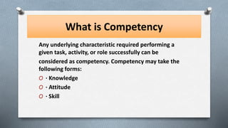 What is Competency
Any underlying characteristic required performing a
given task, activity, or role successfully can be
considered as competency. Competency may take the
following forms:
O · Knowledge
O · Attitude
O · Skill
 