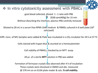  In vitro cytotoxicity assessment with PBMCs
goat blood collected, diluted 1 : 1 ratio with PBS
2028 rpm(400g) for 15 min
Without disturbing the interface, plasma–PBS carefully removed
Diluted to 20 mL in a serum free RPMI-1640 medium & PBMSc cultured in 6 well plate (10⁵
cells/well)
Difft. Conc. of NPs Samples were added & Plate was incubated in a CO₂ incubator for 24 h at 37 ºC
Cells stained with trypan blue & counted on a hemocytometer
Cell viability of PBMCs, checked by an MTT assay
20 µL of a sterile MTT solution in PBS was added
Formation of formazan crystals was observed after 4 h of incubation
These crystals were dissolved in DMSO and abs. measured
@ 570 nm on an ELISA plate reader & calc. % cell viability
 