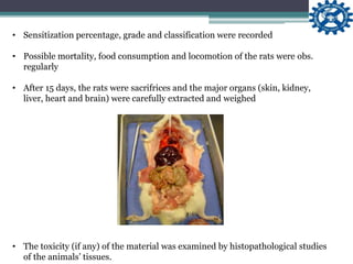 • Sensitization percentage, grade and classification were recorded
• Possible mortality, food consumption and locomotion of the rats were obs.
regularly
• After 15 days, the rats were sacrifrices and the major organs (skin, kidney,
liver, heart and brain) were carefully extracted and weighed
• The toxicity (if any) of the material was examined by histopathological studies
of the animals’ tissues.
 