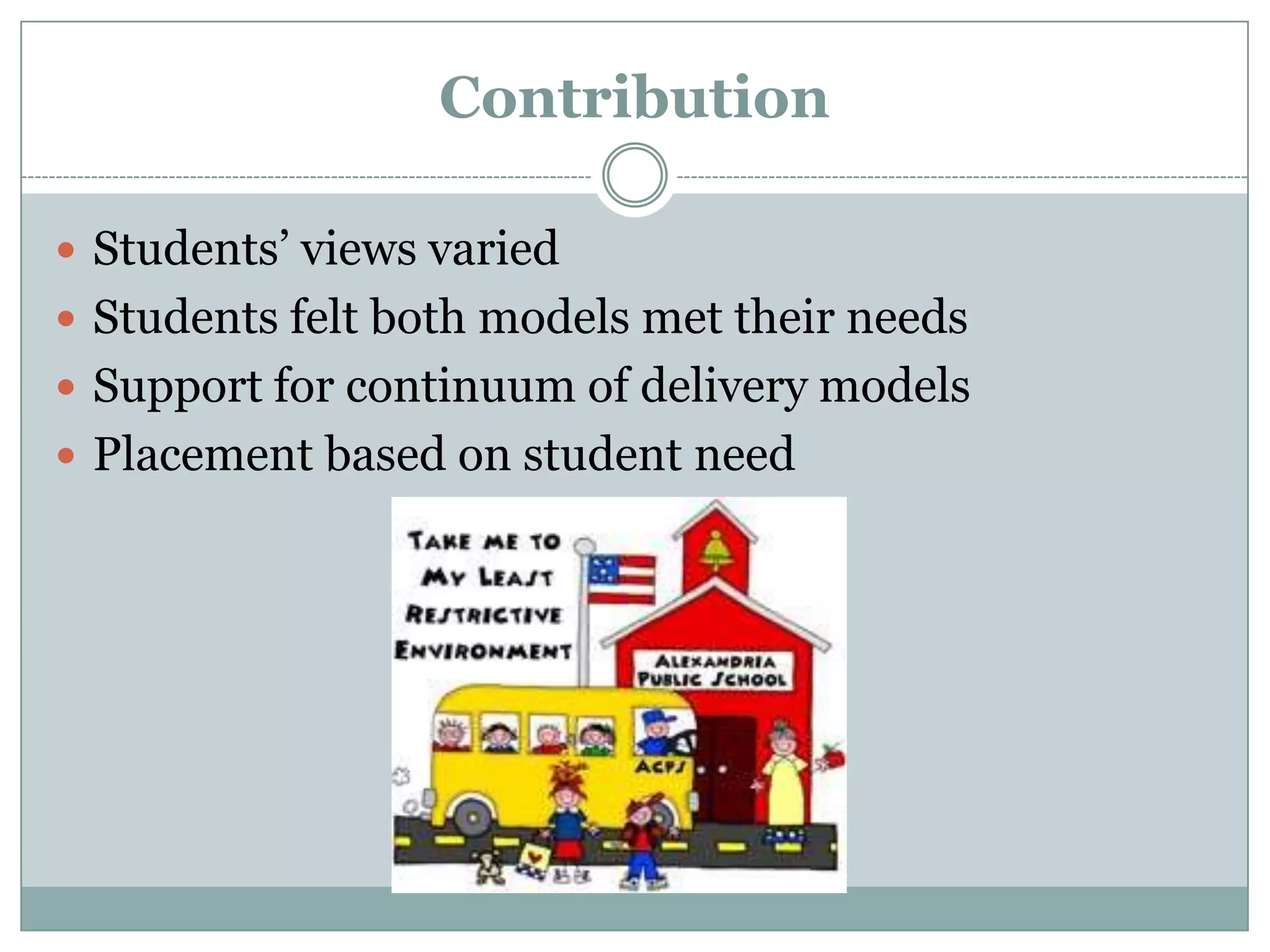 Contribution

 Students’ views varied
 Students felt both models met their needs
 Support for continuum of delivery models
 Placement based on student need
 