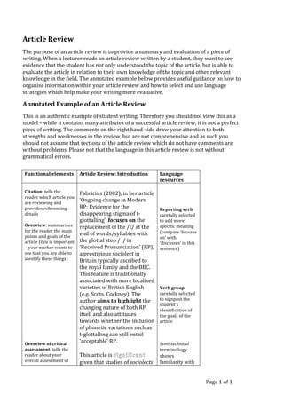 Page 1 of 1 
Article Review   
The purpose of an article review is to provide a summary and evaluation of a piece of 
writing. When a lecturer reads an article review written by a student, they want to see 
evidence that the student has not only understood the topic of the article, but is able to 
evaluate the article in relation to their own knowledge of the topic and other relevant 
knowledge in the field. The annotated example below provides useful guidance on how to 
organise information within your article review and how to select and use language 
strategies which help make your writing more evaluative. 
Annotated Example of an Article Review  
This is an authentic example of student writing. Therefore you should not view this as a 
model – while it contains many attributes of a successful article review, it is not a perfect 
piece of writing. The comments on the right hand‐side draw your attention to both 
strengths and weaknesses in the review, but are not comprehensive and as such you 
should not assume that sections of the article review which do not have comments are 
without problems. Please not that the language in this article review is not without 
grammatical errors. 
Functional elements 
 
Article Review: Introduction  Language 
resources 
 
Citation: tells the 
reader which article you 
are reviewing and 
provides referencing 
details  
 
Overview: summarises 
for the reader the main 
points and goals of the 
article (this is important 
– your marker wants to 
see that you are able to 
identify these things) 
 
 
 
 
 
 
 
 
 
 
 
 
 
 
Overview of critical 
assessment: tells the 
reader about your 
overall assessment of 
 
Fabricius (2002), in her article 
‘Ongoing change in Modern 
RP: Evidence for the 
disappearing stigma of t‐
glottalling’, focuses on the 
replacement of the /t/ at the 
end of words/syllables with 
the glottal stop /  / in 
‘Received Pronunciation’ (RP), 
a prestigious sociolect in 
Britain typically ascribed to 
the royal family and the BBC. 
This feature is traditionally 
associated with more localised 
varieties of British English 
(e.g. Scots, Cockney). The 
author aims to highlight the 
changing nature of both RP 
itself and also attitudes 
towards whether the inclusion 
of phonetic variations such as 
t‐glottalling can still entail 
‘acceptable’ RP. 
 
This article is significant 
given that studies of sociolects 
 
 
 
 
Reporting verb 
carefully selected 
to add more 
specific meaning 
(compare ‘focuses 
on’ with 
‘discusses’ in this 
sentence) 
 
 
 
 
 
 
Verb group 
carefully selected 
to signpost the 
student’s 
identification of 
the goals of the 
article 
 
 
 
Semi­technical 
terminology 
shows 
familiarity with 
 