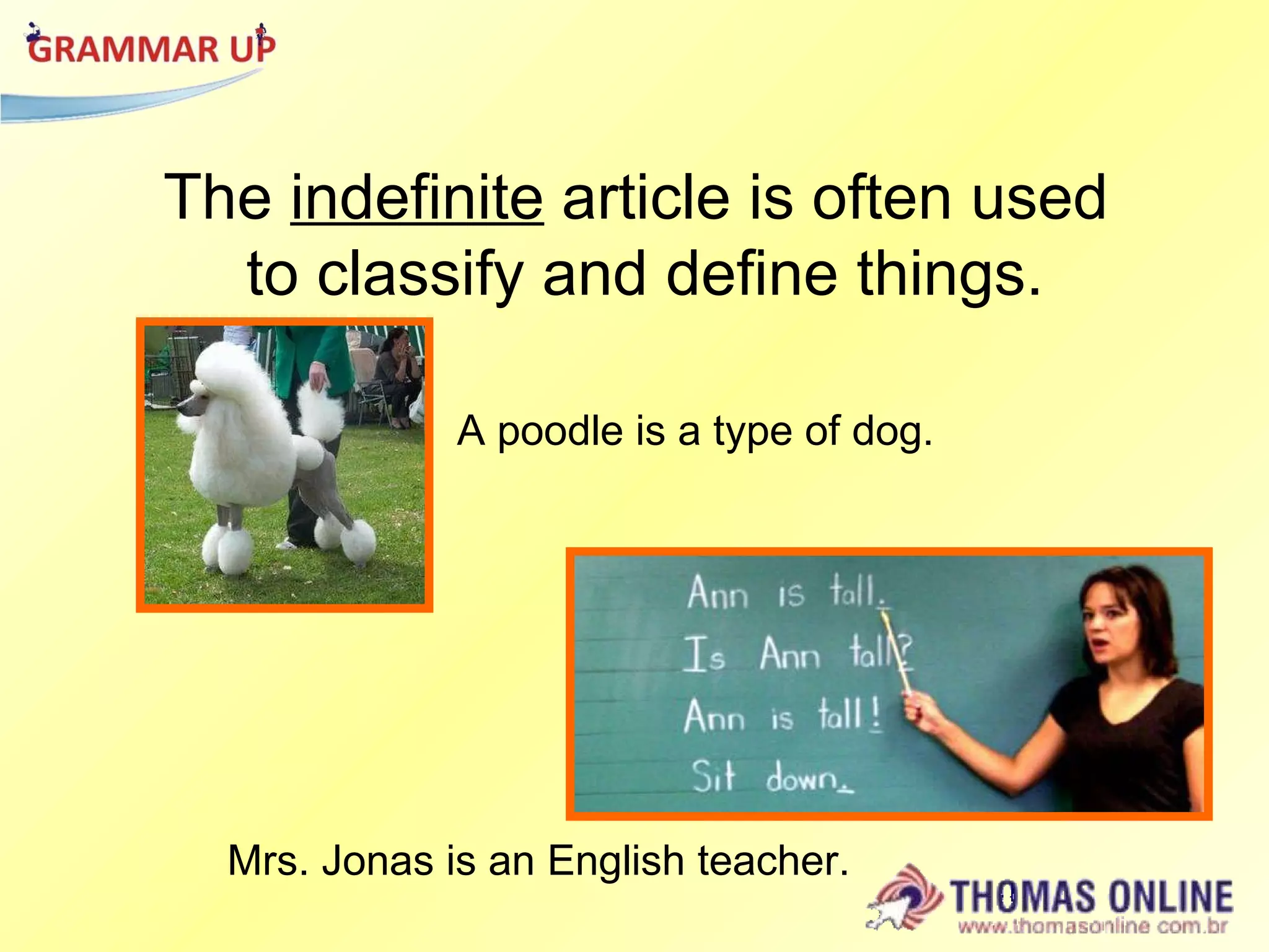 The  indefinite  article is often used  to classify and define things. A poodle is a type of dog.  Mrs. Jonas is an English teacher. 