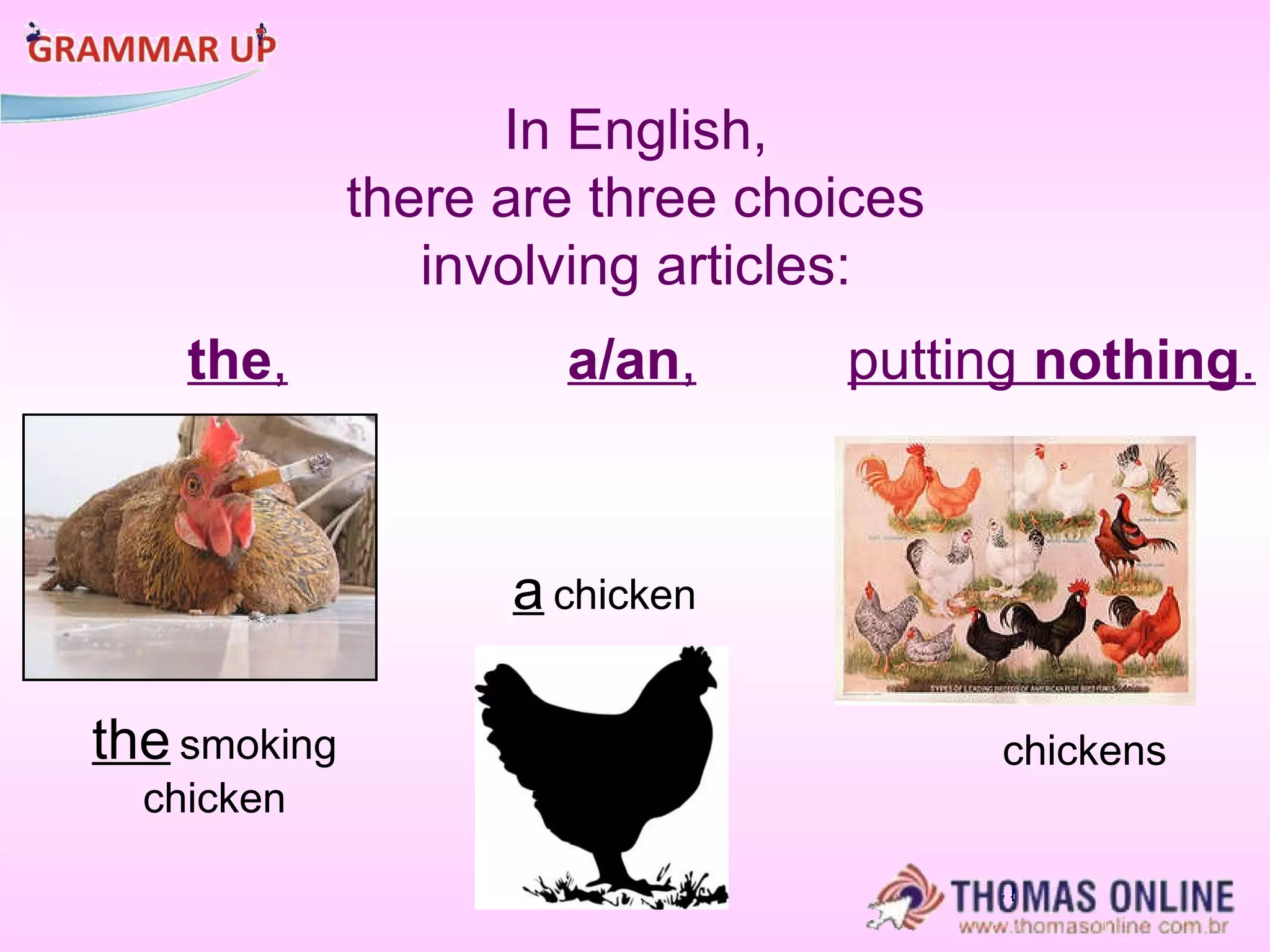 In English,  there are three choices  involving articles:  the   smoking  chicken chickens a   chicken the , putting  nothing . a/an , 