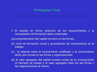 Principales TesisPrincipales Tesis
7. El estudio en forma dinámica de los requerimientos y la
necesidades de formación debe contemplar:
(a)comportamiento del capital humano en las firmas;
(b) nivel de formación inicial y acumulación de conocimiento en el
trabajo;
(c) la relación entre el conocimiento codificado y el conocimiento
tácito que circula en las firmas y organizaciones;
(d) el valor agregado del capital humano antes de su incorporación
al mercado de trabajo y el valor agregado dado por las firmas y
las organizaciones al mismo.
 