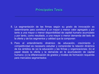 Principales TesisPrincipales Tesis
8. La segmentación de las firmas según su grado de innovación es
determinante para contribuir a un mayor o menor valor agregado y por
tanto a una mayor o menor disponibilidad de capital humano acumulado
y por tanto, como resultado, a una mayor o menor demanda del lado de
la oferta y de los segmentos y calidad que la componen
9. Para el entendimiento dinámico de educación, crecimiento y
competitividad es necesario estudiar y comprender la relación dinámica
de los ámbitos de (a) la educación y las firmas y organizaciones; (b) el
papel desde la oferta y la demanda en la acumulación de capital
humano; (c) la diferenciación de grados y niveles de formación requerida
para mercados segmentados
 