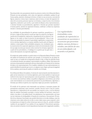 67
COMPETENCIASENMATEMÁTICAS
Para desarrollar este pensamiento desde los primeros niveles de la Educación Básica
Primaria son muy apropiadas, entre otras, las siguientes actividades: analizar de qué
forma cambia, aumenta o disminuye la forma o el valor en una secuencia o sucesión de
ﬁguras, números o letras; hacer conjeturas sobre la forma o el valor del siguiente tér-
mino de la secuencia; procurar expresar ese término, o mejor los dos o tres términos
siguientes, oralmente o por escrito, o por medio de dibujos y otras representaciones,
e intentar formular un procedimiento, algoritmo o fórmula que permita reproducir
el mismo patrón, calcular los siguientes términos, conﬁrmar o refutar las conjeturas
iniciales e intentar generalizarlas.
Las actividades de generalización de patrones numéricos, geométricos y
de leyes y reglas de tipo natural o social que rigen los números y las ﬁguras
involucran la visualización, exploración y manipulación de los números y las
ﬁguras en los cuales se basa el proceso de generalización17
. Esta es una
forma muy apropiada de preparar el aprendizaje signiﬁcativo y comprensivo
de los sistemas algebraicos y su manejo simbólico mucho antes de llegar al
séptimo y octavo grado. Estas actividades preparan a los estudiantes para
la construcción de la expresión algebraica a través de la formulación verbal
de una regla recursiva que muestre cómo construir los términos siguientes
a partir de los precedentes y el hallazgo de un patrón que los guíe más o
menos directamente a la expresión algebraica.
El estudio del cambio también se puede iniciar en la Educación Básica Primaria a través
del análisis de fenómenos de variación (por ejemplo, el crecimiento de una planta du-
rante un mes o el cambio de la temperatura durante el día o el ﬂujo de vehículos frente
a la institución durante una mañana) representados en gráﬁcas y tablas. Esta manera de
acercarsealpensamientovariacionalestámuyrelacionadaconelmanejodelossistemas
de datos y sus representaciones. Por el análisis cuidadoso de esas representaciones se
puedeidentiﬁcarlavariaciónqueocurrey,enalgunoscasos,llegaraprecisarlamagnitud
de los cambios y aun la tasa de cambio en relación con el tiempo.
En la Educación Básica Secundaria, el sistema de representación más directamente li-
gado con las variaciones es el sistema algebraico, pero éstas también se expresan por
medio de otros tipos de representaciones como las gestuales, las del lenguaje ordina-
rio o técnico, las numéricas (tablas), las gráﬁcas (diagramas) y las icónicas, que actúan
como intermediarias en la construcción general de los procedimientos, algoritmos o
fórmulas que deﬁnen el patrón y las respectivas reglas que permiten reproducirlo.
El estudio de los patrones está relacionado con nociones y conceptos propios del
pensamiento variacional, como constante, variable, función, razón o tasa de cambio,
dependencia e independencia de una variable con respecto a otra, y con los distintos
tipos de modelos funcionales asociados a ciertas familias de funciones, como las li-
neales y las aﬁnes (o de gráﬁca lineal), las polinómicas y las exponenciales, así como
con las relaciones de desigualdad y el manejo de ecuaciones e inecuaciones. El estu-
dio de las relaciones funcionales que pueden detectarse en la vida cotidiana, como las
relaciones entre edad y altura de un niño (o entre edad y masa o peso corporal), entre
la temperatura a lo largo de un día y la hora que marca un reloj, etc., permite coordinar
cambios de una magnitud Y con cambios de una magnitud X. Esta primera aproxima-
ción a la noción la función es la de dependencia funcional entre magnitudes variables.
Las regularidades
(entendidas como
unidades de repetición) se
encuentran en sucesiones o
secuencias que presentan
objetos, sucesos, formas o
sonidos, uno detrás de otro
en un orden fijado o de
acuerdo a un patrón.
17
Mason,J.;Burton,L.yStacey,K.(1992).Pensarmatemáticamen-
te. Labor. Barcelona.
 