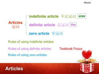 Articles Articles ڴ definite article  ڴ indefinite article  ڴ zero article  ڴ the a/an Rules of using indefinite articles Rules of using definite articles Rules of using zero articles Textbook Focus 