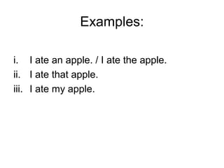 Examples:

i. I ate an apple. / I ate the apple.
ii. I ate that apple.
iii. I ate my apple.
 