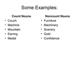Some Examples:
      Count Nouns        Noncount Nouns
•   Couch           •   Furniture
•   Machine         •   Machinery
•   Mountain        •   Scenery
•   Earring         •   Gold
•   Medal           •   Confidence
 