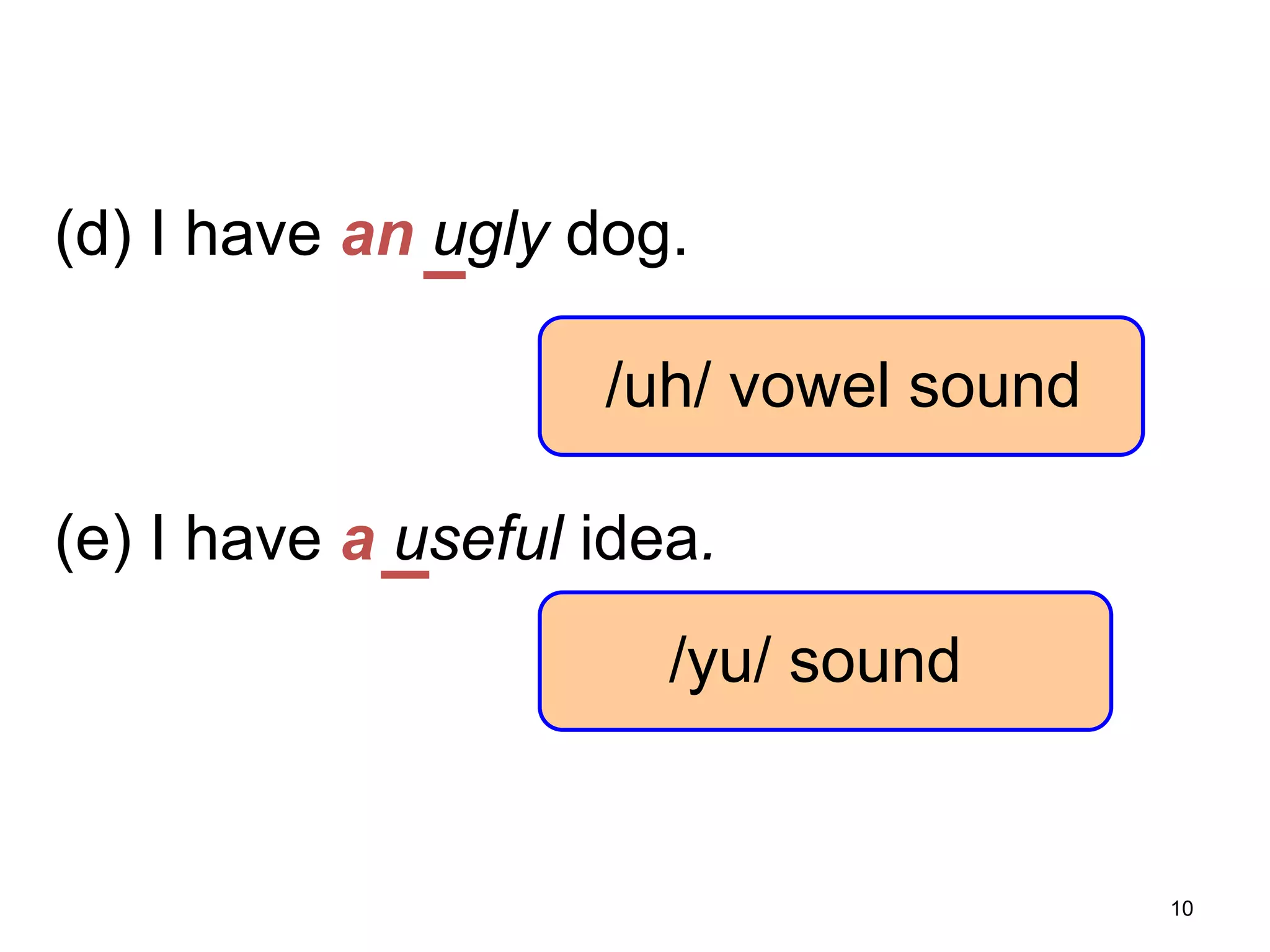 7-2 USING AN vs. A

(d) I have an ugly dog.
/uh/ vowel sound

(e) I have a useful idea.
/yu/ sound

10

 