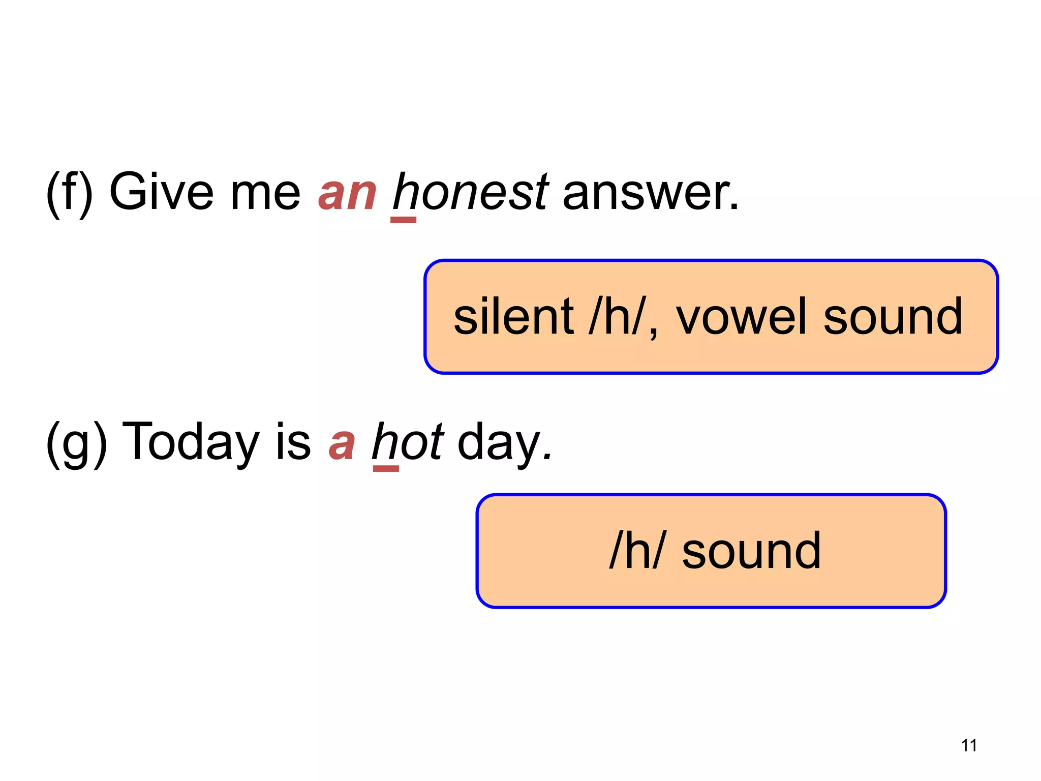 7-2 USING AN vs. A

(f) Give me an honest answer.
silent /h/, vowel sound

(g) Today is a hot day.
/h/ sound

11

 