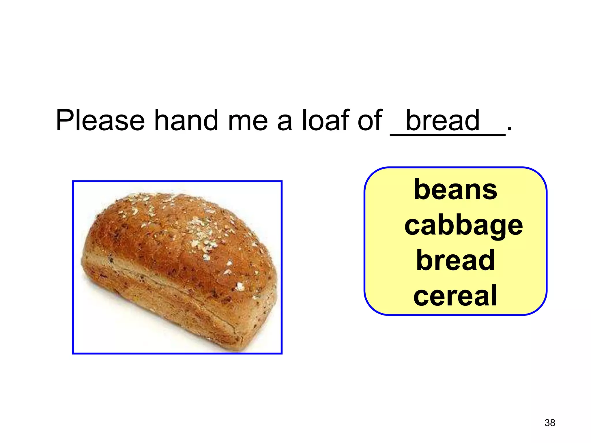 7-4 Let’s Practice

Please hand me a loaf of _______.
bread
beans
cabbage
bread
cereal

38

 