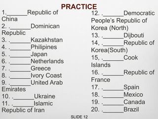 1.______Republic of
China
2. .______Dominican
Republic
3. .______Kazakhstan
4. .______Philipines
5. .______Japan
6. .______Netherlands
7. .______Greece
8. .______Ivory Coast
9. .______United Arab
Emirates
10. .______Ukraine
11. .______Islamic
Republic of Iran
12. .______Democratic
People’s Republic of
Korea (North)
13. .______Dijbouti
14, .______Republic of
Korea(South)
15, .______Cook
Islands
16. .______Republic of
France
17. .______Spain
18. .______Mexico
19. .______Canada
20. .______Brazil
PRACTICE
SLIDE 12
 