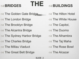 THEBRIDGES
 The Golden Gate Bridge
 The London Bridge
 The Brooklyn Bridge
 The Alcantra Bridge
 The Sydney Harbor Bridge
 The Charles Bridge
 The Millau Viaduct
 The Great Belt Bridge
BUILDINGS
 The Hilton Hotel
 The White House
 The Capitol,
 The Duomo
 The Alhambra
 The Taj Maha
 The Rose Bowl
 The Alcazar
SLIDE 2
 