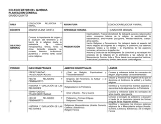 COLEGIO MAYOR DEL QUIROGA
PLANEACIÓN GENERAL
GRADO QUINTO
ÁREA
EDUCACION RELIGIOSA Y
MORAL
ASIGNATURA EDUCACION RELIGIOSA Y MORAL
DOCENTE SANDRA MILENA CUESTA INTENSIDAD HORARIA 1 (UNA) HORA SEMANAL
OBJETIVO
GENERAL
Conocer la importancia del origen y
la evolución del fenómeno y el
hecho de lo religioso desde la
prehistoria, la cultura
mesopotámica, fenicia, hindú y
china; teniendo presente su
contexto histórico, multicultural,
pluriétnica y diverso tanto social
como religioso.
PRESENTACIÓN
Espiritualidad y Trascendentalidad: Se trabajará aspectos relacionados
sobre: conceptos básicos de la religión, la espiritualidad, la
trascendencia, amor-muerte, paz-guerra, felicidad-desdicha, cuerpo-
alma-espíritu.
Hecho Religioso y Pensamiento: Se trabajará desde el aspecto del
hecho religioso los orígenes de lo religioso, el politeísmo, los sistemas
religiosos teístas y no teístas y la importancia de las pasiones
humanas y el camino a la perfección
Historia y Evolución de las Religiones: Se consultará y se trabajará los
procesos de lo religioso en la prehistoria y las culturas de la
Mesopotamia, Fenicia, India y China desde una perspectiva histórica,
multicultural, pluriétnica y diversa tanto social como religiosa.
PERIODO EJES CONCEPTUALES ÁMBITOS CONCEPTUALES LOGROS
1
ESPIRITUALIDAD Y
TRASCENDENTALIDAD
¿Qué es Religión, Espiritualidad y
Trascendentalidad?
Conocer y reflexionar sobre los conceptos de
religión, espiritualidad y trascendentalidad
HECHO RELIGIOSO Y
PENSAMIENTO
Orígenes del Fenómeno, la Actitud y el
Hecho Religioso
Discutir y reconocer los orígenes de lo que se
denomina el fenómeno, la actitud y el hecho
religioso
HISTORIA Y EVOLUCIÓN DE LAS
RELIGIONES
Religiosidad en la Prehistoria
Identificar y reconocer los diversos aspectos y
elementos de la religiosidad en la Prehistoria
2
ESPIRITUALIDAD Y
TRASCENDENTALIDAD
Amor y Muerte – Paz y Guerra
Conocer y reflexionar sobre los conceptos de
amor-muerte y paz-guerra
HECHO RELIGIOSO Y
PENSAMIENTO
Politeísmo y Formas Antiguas
Religiosas Teístas
Conocer el concepto de politeísmo y descubrir
a través de un panorama general las formas
antiguas de las religiones teístas
HISTORIA Y EVOLUCIÓN DE LAS
RELIGIONES
Religiones Mesopotámicas (Acadia, Sumeria,
Caldeos y Babilónica)
Religión Fenicia
Identificar y reconocer los diversos sistemas
religiosos de la Mesopotamia antigua (Acadia,
Sumeria, Caldeos y Babilónica) y de la religión
Fenicia
 