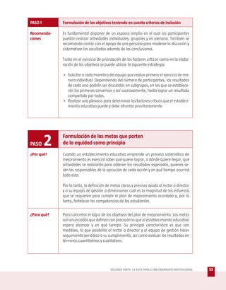 PASO 1       Formulación de los objetivos teniendo en cuenta criterios de inclusión

Recomenda-   Es fundamental disponer de un espacio amplio en el cual los participantes
ciones       puedan realizar actividades individuales, grupales y en plenaria. También se
             recomienda contar con el apoyo de una persona para moderar la discusión y
             sistematizar los resultados además de las conclusiones.

             Tanto en el ejercicio de priorización de los factores críticos como en la elabo-
             ración de los objetivos se puede utilizar la siguiente estrategia:

             • Solicitar a cada miembro del equipo que realice primero el ejercicio de ma-
               nera individual. Dependiendo del número de participantes, los resultados
               de cada uno podrán ser discutidos en subgrupos, en los que se establece-
               rán los primeros consensos y así sucesivamente, hasta lograr un resultado
               compartido por todos.
             • Realizar una plenaria para determinar los factores críticos que el estableci-
               miento educativo puede y debe afrontar prioritariamente.




PASO     2   Formulación de las metas que parten
             de la equidad como principio

¿Por qué?    Cuando un establecimiento educativo emprende un proceso sistemático de
             mejoramiento es esencial saber qué quiere lograr, a dónde quiere llegar, qué
             actividades se realizarán para obtener los resultados esperados, quiénes se-
             rán los responsables de la ejecución de cada acción y en qué tiempo ocurrirá
             todo esto.

             Por lo tanto, la definición de metas claras y precisas ayuda al rector o director
             y a su equipo de gestión a dimensionar cuál es la magnitud de los esfuerzos
             que se requieren para cumplir el plan de mejoramiento acordado y, por lo
             tanto, fortalecer las competencias de los estudiantes.


¿Para qué?   Para concretar el logro de los objetivos del plan de mejoramiento. Las metas
             son enunciados que definen con precisión lo que el establecimiento educativo
             espera alcanzar y en qué tiempo. Su principal característica es que son
             medibles, lo que posibilita al rector o director y al equipo de gestión hacer
             seguimiento periódico a su cumplimiento, así como evaluar los resultados en
             términos cuantitativos y cualitativos.




                                           SEGUNDA PARTE: LA RUTA PARA EL MEJORAMIENTO INSTITUCIONAL   55
 