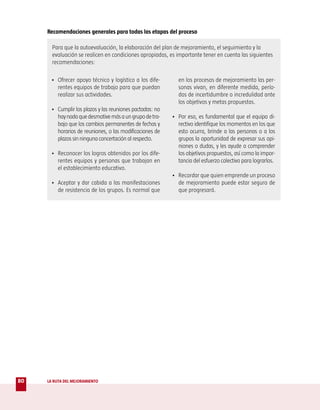 Recomendaciones generales para todas las etapas del proceso

       Para que la autoevaluación, la elaboración del plan de mejoramiento, el seguimiento y la
       evaluación se realicen en condiciones apropiadas, es importante tener en cuenta las siguientes
       recomendaciones:

      • Ofrecer apoyo técnico y logístico a los dife-        en los procesos de mejoramiento las per-
        rentes equipos de trabajo para que puedan            sonas vivan, en diferente medida, perío-
        realizar sus actividades.                            dos de incertidumbre o incredulidad ante
                                                             los objetivos y metas propuestas.
      • Cumplir los plazos y las reuniones pactadas: no
        hay nada que desmotive más a un grupo de tra-     • Por eso, es fundamental que el equipo di-
        bajo que los cambios permanentes de fechas y        rectivo identifique los momentos en los que
        horarios de reuniones, o las modificaciones de      esto ocurra, brinde a las personas o a los
        plazos sin ninguna concertación al respecto.        grupos la oportunidad de expresar sus opi-
                                                            niones o dudas, y les ayude a comprender
      • Reconocer los logros obtenidos por los dife-        los objetivos propuestos, así como la impor-
        rentes equipos y personas que trabajan en           tancia del esfuerzo colectivo para lograrlos.
        el establecimiento educativo.
                                                          • Recordar que quien emprende un proceso
      • Aceptar y dar cabida a las manifestaciones          de mejoramiento puede estar seguro de
        de resistencia de los grupos. Es normal que         que progresará.




80   LA RUTA DEL MEJORAMIENTO
 