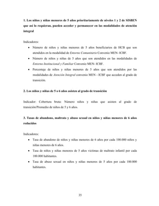 1. Los niños y niñas menores de 5 años prioritariamente de niveles 1 y 2 de SISBEN que así lo requieran, pueden acceder y permanecer en las modalidades de atención integral 
Indicadores: 
• Número de niños y niñas menores de 5 años beneficiarios de HCB que son atendidos en la modalidad de Entorno Comunitario Convenio MEN- ICBF. 
• Número de niños y niñas de 5 años que son atendidos en las modalidades de Entorno Institucional y Familiar Convenio MEN- ICBF. 
• Porcentaje de niños y niñas menores de 5 años que son atendidos por las modalidades de Atención Integral convenio MEN - ICBF que acceden al grado de transición. 
2. Los niños y niñas de 5 o 6 años asisten al grado de transición 
Indicador: Cobertura bruta: Número niños y niñas que asisten al grado de transición/Promedio de niños de 5 y 6 años. 
3. Tasas de abandono, maltrato y abuso sexual en niños y niñas menores de 6 años reducidos 
Indicadores: 
• Tasa de abandono de niños y niñas menores de 6 años por cada 100.000 niños y niñas menores de 6 años. 
• Tasa de niños y niñas menores de 5 años victimas de maltrato infantil por cada 100.000 habitantes. 
• Tasa de abuso sexual en niños y niñas menores de 5 años por cada 100.000 habitantes. 
35 
 