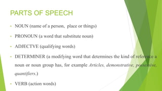PARTS OF SPEECH
• NOUN (name of a person, place or things)
• PRONOUN (a word that substitute noun)
• ADJECTVE (qualifying words)
• DETERMINER (a modifying word that determines the kind of reference a
noun or noun group has, for example Articles, demonstrative, possessive,
quantifiers.)
• VERB (action words)
 