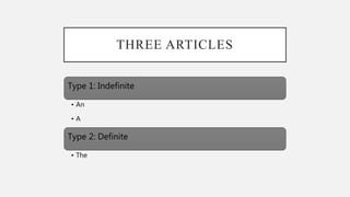 THREE ARTICLES
Type 1: Indefinite
• An
• A
Type 2: Definite
• The
 