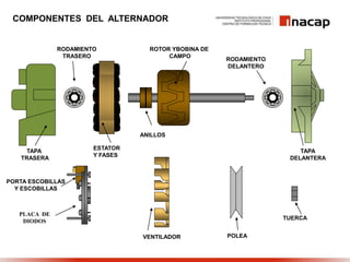 COMPONENTES DEL ALTERNADOR
RODAMIENTO
TRASERO
RODAMIENTO
DELANTERO
ANILLOS
PORTA ESCOBILLAS
Y ESCOBILLAS
TAPA
TRASERA
ESTATOR
Y FASES
ROTOR YBOBINA DE
CAMPO
TAPA
DELANTERA
PLACA DE
DIODOS
VENTILADOR POLEA
TUERCA
 