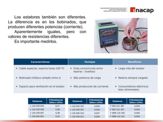Los estatores también son diferentes.
La diferencia es en los bobinados, que
producen diferentes potencias (corriente).
Aparentemente iguales, pero con
valores de resistencias diferentes.
Es importante medirlos.
 