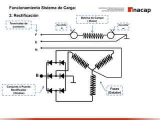Funcionamiento Sistema de Carga:
2. Rectificación
F
E
N
B
Terminales de
conexión
Bobina de Campo
( Rotor)
Conjunto o Puente
Rectificador
( Diodos)
Fases
(Estator)
Escobilla
+
Escobilla
 