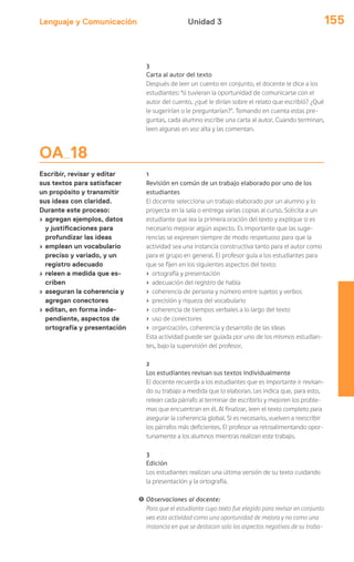Lenguaje y Comunicación 155Unidad 3
OA 18
Escribir, revisar y editar
sus textos para satisfacer
un propósito y transmitir
sus ideas con claridad.
Durante este proceso:
› agregan ejemplos, datos
y justificaciones para
profundizar las ideas
› emplean un vocabulario
preciso y variado, y un
registro adecuado
› releen a medida que es-
criben
› aseguran la coherencia y
agregan conectores
› editan, en forma inde-
pendiente, aspectos de
ortografía y presentación
3
Carta al autor del texto
Después de leer un cuento en conjunto, el docente le dice a los
estudiantes: “si tuvieran la oportunidad de comunicarse con el
autor del cuento, ¿qué le dirían sobre el relato que escribió? ¿Qué
le sugerirían o le preguntarían?”. Tomando en cuenta estas pre-
guntas, cada alumno escribe una carta al autor. Cuando terminan,
leen algunas en voz alta y las comentan.
1
Revisión en común de un trabajo elaborado por uno de los
estudiantes
El docente selecciona un trabajo elaborado por un alumno y lo
proyecta en la sala o entrega varias copias al curso. Solicita a un
estudiante que lea la primera oración del texto y explique si es
necesario mejorar algún aspecto. Es importante que las suge-
rencias se expresen siempre de modo respetuoso para que la
actividad sea una instancia constructiva tanto para el autor como
para el grupo en general. El profesor guía a los estudiantes para
que se fijen en los siguientes aspectos del texto:
› ortografía y presentación
› adecuación del registro de habla
› coherencia de persona y número entre sujetos y verbos
› precisión y riqueza del vocabulario
› coherencia de tiempos verbales a lo largo del texto
› uso de conectores
› organización, coherencia y desarrollo de las ideas
Esta actividad puede ser guiada por uno de los mismos estudian-
tes, bajo la supervisión del profesor.
2
Los estudiantes revisan sus textos individualmente
El docente recuerda a los estudiantes que es importante ir revisan-
do su trabajo a medida que lo elaboran. Les indica que, para esto,
relean cada párrafo al terminar de escribirlo y mejoren los proble-
mas que encuentran en él. Al finalizar, leen el texto completo para
asegurar la coherencia global. Si es necesario, vuelven a reescribir
los párrafos más deficientes. El profesor va retroalimentando opor-
tunamente a los alumnos mientras realizan este trabajo.
3
Edición
Los estudiantes realizan una última versión de su texto cuidando
la presentación y la ortografía.
! Observaciones al docente:
Para que el estudiante cuyo texto fue elegido para revisar en conjunto
vea esta actividad como una oportunidad de mejora y no como una
instancia en que se destacan solo los aspectos negativos de su traba-
 