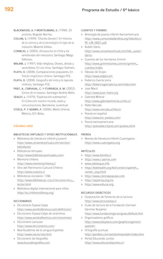 Programa de Estudio / 6º básico192
BLACKWOOD, A. Y MORTELMANS, E. (1990). 20
pintores. Bogotá: Norma.
COLLINI, S. (1999). “Charles Darwin”. En Historia
de la ciencia y de la tecnología: el siglo de la
industria. Madrid: Editex.
CORNEJO, J. (2005). Dinosaurios en Chile y los
vertebrados del mesozoico. Santiago: Mago
Editores.
MALAM, J. (1997). Vida religiosa. Dioses, diosas y
sacerdotes. En Los incas. Santiago: Dolmen.
PLATH, O. (2008). Comparaciones populares. En
Folclor lingüístico chileno. Santiago: FCE.
PLATH, O. (2008). Geografía del mito y la leyenda
chilenos. Santiago: FCE.
PRAT, A., CARVAJAL, C. Y ITURRIAGA, A. M. (2002).
Cartas de mi esposo. Santiago: Andrés Bello.
SEALEY, L. (1979). “Exploración submarina”.
En Colección nuestro mundo, viajes y
comunicaciones. Barcelona: Juventud.
STEELE, P. Y ADAMS, P. (2006). Medio Oriente.
México, D.F: Altea.
PÁGINAS WEB
BIBLIOTECAS VIRTUALES Y SITIOS INSTITUCIONALES
› Biblioteca de Literatura infantil y juvenil
http://www.cervantesvirtual.com/seccion/
bibinfantil/
› Bibliotecas Virtuales
http://www.bibliotecasvirtuales.com/
› Memoria chilena
http://www.memoriachilena.cl
› Sitio del Patrimonio Cultural Chileno
http://www.nuestro.cl
› Bibliotecas escolares / CRA
http://www.bibliotecas-cra.cl/recursos/recu_
lector.html
› Biblioteca digital internacional para niños
http://es.childrenslibrary.org/
DICCIONARIOS
› Diccionario Espasa Calpe
http://www.wordreference.com/definicion/
› Diccionario Espasa Calpe de sinónimos
http://www.wordreference.com/sinonimos/
› Diccionario Larousse
http://www.diccionarios.com/
› Real Academia de la Lengua Española
http://www.rae.es/rae.html
› Diccionario de biografías
www.buscabiografias.com
CUENTOS Y POEMAS
› Antología de poesía infantil iberoamericana
http://www.comunidadandina.org/bda/docs/
PE-LIN-0001.pdf
› Rubén Darío
http://www.cervantesvirtual.com/bib_autor/
dario/
› Cuentos de los hermanos Grimm
http://www.grimmstories.com/es/grimm_
cuentos/index
› Fábulas de Esopo
http://www.edyd.com
› Federico García Lorca
http://federicogarcialorca.net/index.htm
› José Martí
http://www.jose-marti.org
› Gabriela Mistral
http://www.gabrielamistral.uchile.cl/
› Pablo Neruda
http://www.neruda.uchile.cl/
› Poesía en español
http://www.los-poetas.com/
› Poesía latinoamericana
http://poesialat.tripod.com/poetas.html
PRENSA
› Revista de literatura infantil Cuatrogatos
http://www.cuatrogatos.org
ARTÍCULOS
› http://www.familia.cl
› http://www.i-perros.com
› www.sabiasque.info
› http://kidshealth.org/kid/centers/spanish_
center_esp.html
› http://www.cienciapopular.com
› http://sepiensa.org.mx
› http://www.educar.org
RECURSOS DIDÁCTICOS
› Corporación de Fomento de la Lectura
http://www.lecturaviva.cl
› Guías de lectura de la Fundación Germán
Sánchez Ruipérez
http://www.fundaciongsr.es/guias/default.htm
› Organizadores gráficos
http://www.eduplace.com/graphicorganizer/
spanish/
› Ortografía puntual
http://jamillan.com/perdonimposible/index.htm
› Portal Educando Juntos
http://www.educandojuntos.cl/
 