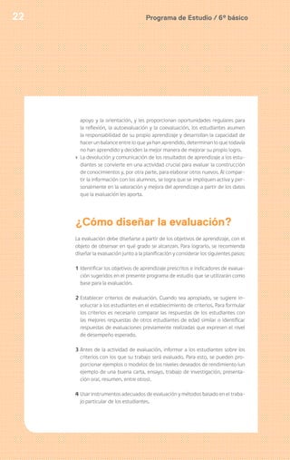 Programa de Estudio / 6º básico22
apoyo y la orientación, y les proporcionan oportunidades regulares para
la reflexión, la autoevaluación y la coevaluación, los estudiantes asumen
la responsabilidad de su propio aprendizaje y desarrollan la capacidad de
hacer un balance entre lo que ya han aprendido, determinan lo que todavía
no han aprendido y deciden la mejor manera de mejorar su propio logro.
› La devolución y comunicación de los resultados de aprendizaje a los estu-
diantes se convierte en una actividad crucial para evaluar la construcción
de conocimientos y, por otra parte, para elaborar otros nuevos. Al compar-
tir la información con los alumnos, se logra que se impliquen activa y per-
sonalmente en la valoración y mejora del aprendizaje a partir de los datos
que la evaluación les aporta.
¿Cómo diseñar la evaluación?
La evaluación debe diseñarse a partir de los objetivos de aprendizaje, con el
objeto de observar en qué grado se alcanzan. Para lograrlo, se recomienda
diseñar la evaluación junto a la planificación y considerar los siguientes pasos:
1 Identificar los objetivos de aprendizaje prescritos e indicadores de evalua-
ción sugeridos en el presente programa de estudio que se utilizarán como
base para la evaluación.
2 Establecer criterios de evaluación. Cuando sea apropiado, se sugiere in-
volucrar a los estudiantes en el establecimiento de criterios. Para formular
los criterios es necesario comparar las respuestas de los estudiantes con
las mejores respuestas de otros estudiantes de edad similar o identificar
respuestas de evaluaciones previamente realizadas que expresen el nivel
de desempeño esperado.
3 Antes de la actividad de evaluación, informar a los estudiantes sobre los
criterios con los que su trabajo será evaluado. Para esto, se pueden pro-
porcionar ejemplos o modelos de los niveles deseados de rendimiento (un
ejemplo de una buena carta, ensayo, trabajo de investigación, presenta-
ción oral, resumen, entre otros).
4 Usar instrumentos adecuados de evaluación y métodos basado en el traba-
jo particular de los estudiantes.
 