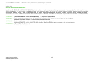 Actualización Estándares Indicativos de Desempeño para los establecimientos educacionales y sus sostenedores
Unidad de Currículum Evaluación 105
Ministerio de Educación, abril 2020.
Estándares de
GESTIÓN DE RECURSOS FINANCIEROS
La subdimensión GESTIÓN DE RECURSOS FINANCIEROS describe las políticas y procedimientos implementados por el sostenedor y los equipos directivos de los establecimientos a
su cargo para asegurar una administración ordenada y eficiente de todos los aspectos ligados a los recursos económicos del establecimiento y de las oportunidades provenientes de
los programas de apoyo, alianzas y redes. Los estándares tienen por objetivo asegurar la sustentabilidad del Proyecto Educativo Institucional, lo cual implica el uso eficiente y
responsable de los recursos recibidos, el cumplimiento de la normativa vigente y la obtención de beneficios provistos por los programas de apoyo disponibles y las redes existentes.
ESTÁNDAR 11.1 El sostenedor o el equipo directivo gestiona la matrícula y la asistencia de los estudiantes.
ESTÁNDAR 11.2
El sostenedor asegura la sustentabilidad del Proyecto Educativo Institucional de los establecimientos a su cargo, rigiéndose por un
presupuesto, controlando los gastos y rindiendo cuenta del uso de los recursos.
ESTÁNDAR 11.3 El sostenedor y el equipo directivo se aseguran de cumplir con la normativa vigente.
ESTÁNDAR 11.4
El sostenedor y el equipo directivo conocen las redes, programas de apoyo y asistencia técnica disponibles, y los usan para potenciar
su Proyecto Educativo Institucional.
 