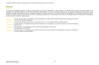 Actualización Estándares Indicativos de Desempeño para los establecimientos educacionales y sus sostenedores
Unidad de Currículum Evaluación 64
Ministerio de Educación, abril 2020.
Estándares de
FORMACIÓN
La subdimensión FORMACIÓN describe las políticas, procedimientos y prácticas que implementan el equipo directivo y los docentes para promover la formación integral de los
estudiantes. Los estándares establecen que las acciones formativas deben basarse en el Proyecto Educativo Institucional, en los Objetivos de Aprendizaje Transversales y en las
actitudes promovidas en las Bases Curriculares. La subdimensión releva la orientación vocacional, la promoción de hábitos de vida saludable y las conductas de autocuidado entre los
estudiantes. Además, enfatiza el involucramiento de familias y apoderados para potenciar el proceso educativo, así como el rol del profesor jefe en la orientación de los estudiantes
y en la construcción de una comunidad de curso.
ESTÁNDAR 7.1
El equipo directivo planifica, implementa y monitorea programas e iniciativas para la formación integral de sus estudiantes de acuerdo
con el Proyecto Educativo Institucional.
ESTÁNDAR 7.2 El profesor jefe acompaña activamente a los estudiantes de su curso y los orienta formativa y académicamente.
ESTÁNDAR 7.3
El equipo directivo y los docentes transmiten altas expectativas a los estudiantes, y los orientan y apoyan en la toma de decisiones
sobre su futuro.
ESTÁNDAR 7.4
El equipo directivo y los docentes promueven hábitos de vida saludable y conductas de
autocuidado entre los estudiantes.
ESTÁNDAR 7.5
El equipo directivo y los profesores jefe promueven de manera activa que las familias y los apoderados se involucren y participen en
el proceso educativo de los estudiantes.
 