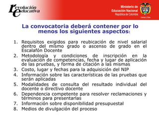 La convocatoria deberá contener por lo
menos los siguientes aspectos:
1. Requisitos exigidos para reubicación de nivel salarial
dentro del mismo grado o ascenso de grado en el
Escalafón Docente
2. Metodología y condiciones de inscripción en la
evaluación de competencias, fecha y lugar de aplicación
de las pruebas, y forma de citación a las mismas
3. Costo, lugar y fechas para la adquisición del NIP
4. Información sobre las características de las pruebas que
serán aplicadas
5. Modalidades de consulta del resultado individual del
docente o directivo docente
6. Dependencia competente para resolver reclamaciones y
términos para presentarlas
7. Información sobre disponibilidad presupuestal
8. Medios de divulgación del proceso
 