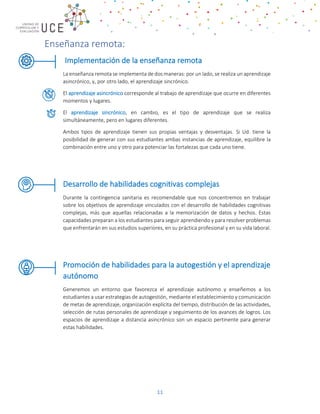 11
Enseñanza remota:
Implementación de la enseñanza remota
La enseñanza remota se implementa de dos maneras: por un lado, se realiza un aprendizaje
asincrónico, y, por otro lado, el aprendizaje sincrónico.
El aprendizaje asincrónico corresponde al trabajo de aprendizaje que ocurre en diferentes
momentos y lugares.
El aprendizaje sincrónico, en cambio, es el tipo de aprendizaje que se realiza
simultáneamente, pero en lugares diferentes.
Ambos tipos de aprendizaje tienen sus propias ventajas y desventajas. Si Ud. tiene la
posibilidad de generar con sus estudiantes ambas instancias de aprendizaje, equilibre la
combinación entre uno y otro para potenciar las fortalezas que cada uno tiene.
Desarrollo de habilidades cognitivas complejas
Durante la contingencia sanitaria es recomendable que nos concentremos en trabajar
sobre los objetivos de aprendizaje vinculados con el desarrollo de habilidades cognitivas
complejas, más que aquellas relacionadas a la memorización de datos y hechos. Estas
capacidades preparan a los estudiantes para seguir aprendiendo y para resolver problemas
que enfrentarán en sus estudios superiores, en su práctica profesional y en su vida laboral.
Promoción de habilidades para la autogestión y el aprendizaje
autónomo
Generemos un entorno que favorezca el aprendizaje autónomo y enseñemos a los
estudiantes a usar estrategias de autogestión, mediante el establecimiento y comunicación
de metas de aprendizaje, organización explícita del tiempo, distribución de las actividades,
selección de rutas personales de aprendizaje y seguimiento de los avances de logros. Los
espacios de aprendizaje a distancia asincrónico son un espacio pertinente para generar
estas habilidades.
 