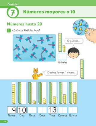 Números hasta 20
1
1 ¿Cuántas libélulas hay?
10 13
libélulas
Trece
Nueve Diez Once Doce Catorce Quince
Números mayores a 10
7
Capítulo
9
106
 