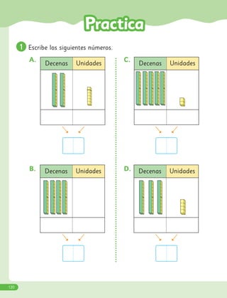 A.
B.
C.
D.
1
1 Escribe los siguientes números.
Decenas Unidades
Decenas Unidades
Decenas Unidades
Decenas Unidades
120
 