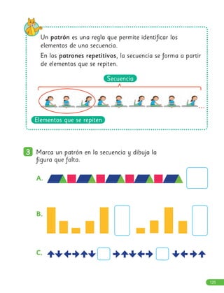 Un patrón es una regla que permite identificar los
elementos de una secuencia.
En los patrones repetitivos, la secuencia se forma a partir
de elementos que se repiten.
Secuencia
Elementos que se repiten
3
3 Marca un patrón en la secuencia y dibuja la
figura que falta.
A.
B.
C.
...
125
 