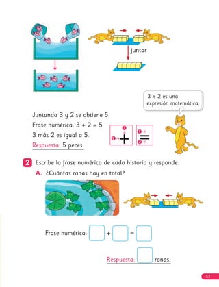 Respuesta: ranas.
Frase numérica: + =
2
2 Escribe la frase numérica de cada historia y responde.
A. ¿Cuántas ranas hay en total?
Juntando 3 y 2 se obtiene 5.
Frase numérica: 3 + 2 = 5
3 más 2 es igual a 5.
Respuesta: 5 peces.
juntar
=
+
1
2
1
2
53
53
 