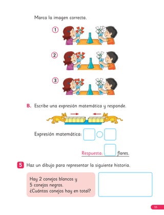 Marca la imagen correcta.
1
1
2
2
3
3
B. Escribe una expresión matemática y responde.
Expresión matemática:
Respuesta: flores.
5
5 Haz un dibujo para representar la siguiente historia.
Hay 2 conejos blancos y
5 conejos negros.
¿Cuántos conejos hay en total?
55
 