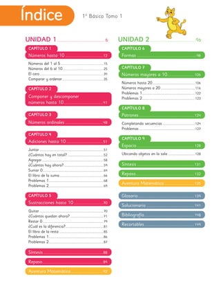 1° Básico Tomo 1
UNIDAD 1........................................ 6
CAPÍTULO 3
Números ordinales................................48
CAPÍTULO 2
Componer y descomponer
números hasta 10.................................41
CAPÍTULO 4
4
Juntar...............................................................51
¿Cuántos hay en total?....................................52
Agregar.............................................................58
¿Cuántos hay ahora?.......................................59
Sumar 0............................................................64
El libro de la suma............................................66
Problemas 1......................................................68
Problemas 2......................................................69
Adiciones hasta 10...............................51
Números del 1 al 5......................................................15
Números del 6 al 10....................................................25
El cero................................................................................34
Comparar y ordenar....................................................35
Números hasta 10................................12
CAPÍTULO 1
CAPÍTULO 5
Quitar...............................................................70
¿Cuántos quedan ahora?.................................71
Restar 0............................................................79
¿Cuál es la diferencia?......................................81
El libro de la resta............................................85
Problemas 1......................................................86
Problemas 2......................................................87
Sustracciones hasta 10.........................70
UNIDAD 2.......................................96
CAPÍTULO 7
Números hasta 20..........................................106
Números mayores a 20..................................116
Problemas 1....................................................122
Problemas 2....................................................123
Números mayores a 10.......................106
Formas..................................................98
CAPÍTULO 6
CAPÍTULO 9
Ubicando objetos en la sala...........................128
Espacio................................................128
CAPÍTULO 8
Completando secuencias................................124
Problemas.......................................................127
Patrones..............................................124
Síntesis..................................................88
Repaso...................................................89
Aventura Matemática...........................92
Síntesis................................................131
Repaso.................................................132
Aventura Matemática.........................135
Glosario...............................................139
Solucionario........................................141
Bibliografía..........................................148
Recortables..........................................149
 