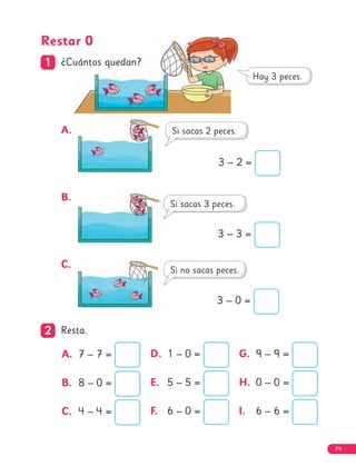Restar 0
1
1 ¿Cuántos quedan?
A.
3 – 2 =
B.
3 – 3 =
C.
3 – 0 =
2
2 Resta.
A. 7 – 7 =
B. 8 – 0 =
C. 4 – 4 =
D. 1 – 0 =
E. 5 – 5 =
F. 6 – 0 =
G. 9 – 9 =
H. 0 – 0 =
I. 6 – 6 =
79
 