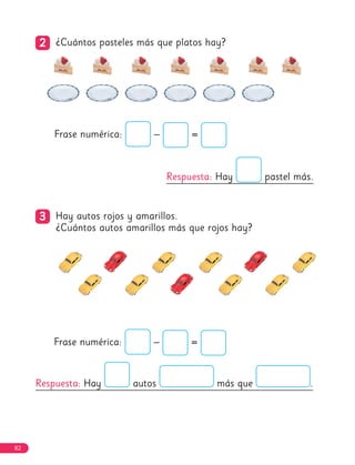 2
2 ¿Cuántos pasteles más que platos hay?
3
3 Hay autos rojos y amarillos.
¿Cuántos autos amarillos más que rojos hay?
Respuesta: Hay autos más que .
Frase numérica: – =
Respuesta: Hay pastel más.
Frase numérica: – =
82
 