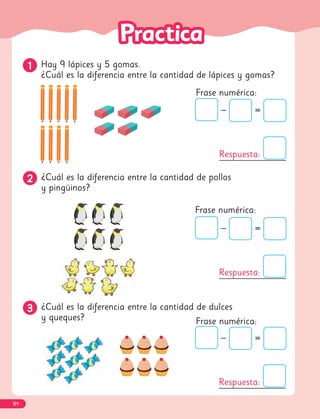 1
1 Hay 9 lápices y 5 gomas.
¿Cuál es la diferencia entre la cantidad de lápices y gomas?
– =
Respuesta:
– =
Respuesta:
– =
Respuesta:
2
2 ¿Cuál es la diferencia entre la cantidad de pollos
y pingüinos?
3
3 ¿Cuál es la diferencia entre la cantidad de dulces
y queques?
Frase numérica:
Frase numérica:
Frase numérica:
84
 