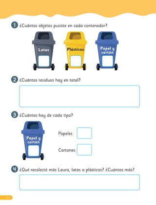 1
1 ¿Cuántos objetos pusiste en cada contenedor?
Latas Plásticos Papel y
cartón
2
2 ¿Cuántos residuos hay en total?
3
3 ¿Cuántos hay de cada tipo?
Papel y
cartón
4
4 ¿Qué recolectó más Laura, latas o plásticos? ¿Cuántos más?
Papeles
Cartones
94
 