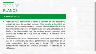 TIPOS DE
PLANOS
PLANOS DE VISTAS
• Todas las vistas representan la forma y volumen de una estructura,
señalan los vanos de puertas y ventanas (tipo, tamaño y situación), los
materiales, las texturas y contexto. La mayor diferencia entre los alzados
de edificaciones empleados en los planos de obra y los utilizados para el
diseño y la presentación, son las sombras propias arrojadas para
estudiar los efectos de la luz sobre la forma y el volumen de la
estructura.
• Generalmente las vistas demuestran la contextura y los materiales a
usar en la edificación, las alturas generalmente se especifican en un
corte esquemático. Estas vistas van a Escala 1:50 y se busca
principalmente mostrar las fachadas principales y laterales de la
edificación.
 