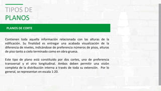 TIPOS DE
PLANOS
PLANOS DE CORTE
Contienen toda aquella información relacionada con las alturas de la
edificación. Su finalidad es entregar una acabada visualización de la
diferencia de niveles, indicándose de preferencia números de pisos, alturas
de piso tanto a cielo terminado como en obra gruesa.
Este tipo de plano está constituido por dos cortes, uno de preferencia
transversal y el otro longitudinal. Ambos deben permitir una visión
completa de la distribución interna a través de toda su extensión. Por lo
general, se representan en escala 1:20.
 
