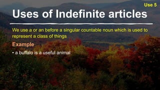 Uses of Indefinite articles​
We use a or an before a singular countable noun which is used to
represent a class of things
Example
• a buffalo is a useful animal
Use 5
 