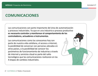 27
Actividad 2|3
ELECTRÓNICA | 3° Medio | Presentación
MÓDULO Proyectos de Electrónica
COMUNICACIONES
Las comunicaciones son parte importante del área de automatización
y procesos industriales. Ya que en una industria o proceso productivo
es necesario controlar y monitorear el comportamiento de los
controladores, actuadores e instrumentos.
Las comunicaciones como las conocemos hoy son
parte de nuestra vida cotidiana, el acceso a internet,
la posibilidad de conversar con personas ubicadas en
otros países, o la posibilidad de conocer los
parámetros de funcionamiento de industrias a través
de internet y servicios cloud es parte del salto
tecnológico que las comunicaciones realizaron en las
4 etapas de cambios industriales.
 